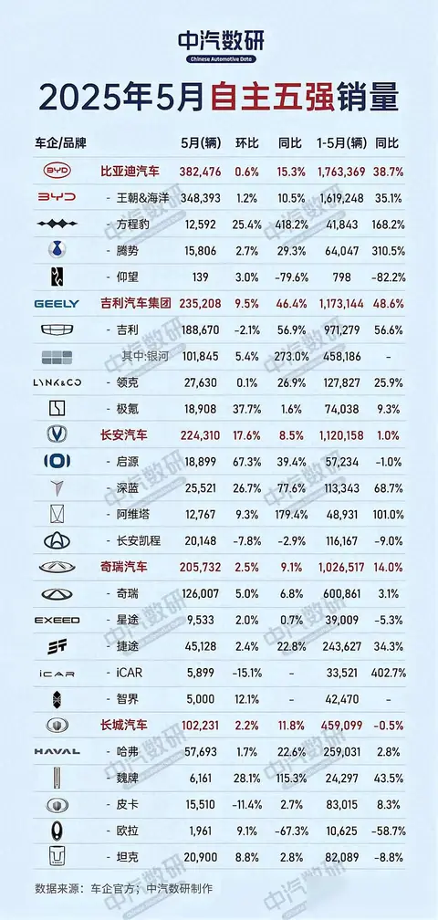 比亚迪领跑五强，高端品牌集体遇冷，谁会掉队？